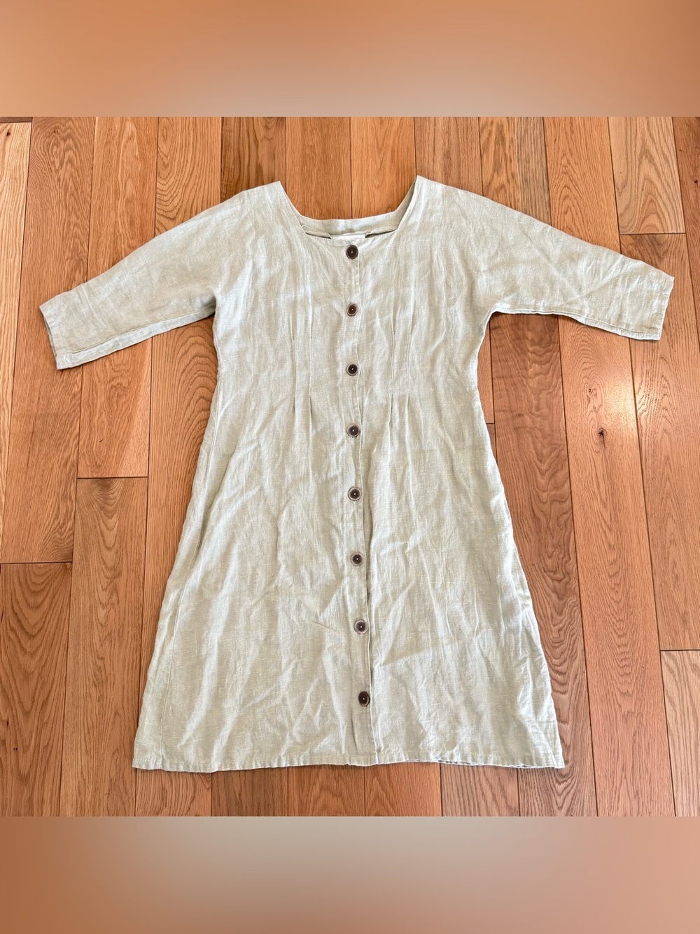 ALY WEAR Linen Button Front Dress Mid Sleeve Sage Green Lagenlook Large Light